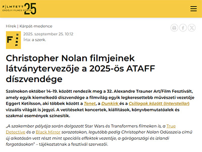 Christopher Nolan filmjeinek látványtervezője a 2025-ös ATAFF díszvendége